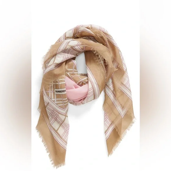 Burberry Check Wool & Silk Gauze Scarf- Archive Beige and Cherry - Picture 3 of 8
